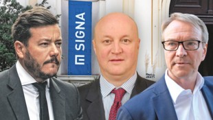 Signa-Führung: René Benko mit den Holding-Chefs Marcus Mühlberger (m.) und Christoph Stadlhuber ...