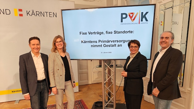 Georg Steiner (ÖGK), Astrid Körner (DIakonie), LR Beate Prettner und Thomas Eminger (Kabeg) ...