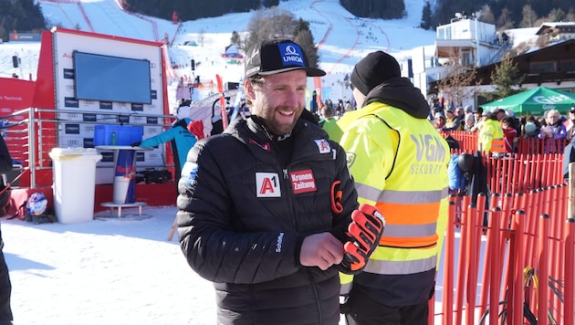Marco Schwarz direkt nach seiner Traninigsfahrt in Kitzbühel