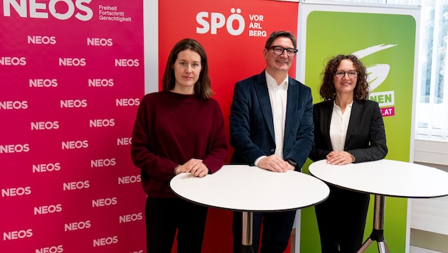 Claudia Gamon, Reinhold Einwallner und Eva Hammerer (v.l.) nach der Sitzung des ...