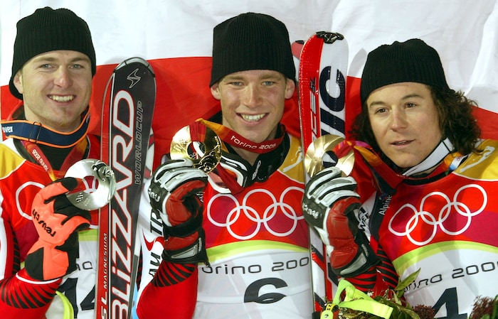 Legendär: Der österreichische Dreifachsieg in Italien durch Benjamin Raich (M.), Reinfried ...