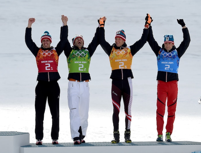 Bronze-Quartett 2014 in Sotschi: Lukas Klapfer, Christoph Bieler, Bernhard Gruber und Mario ...