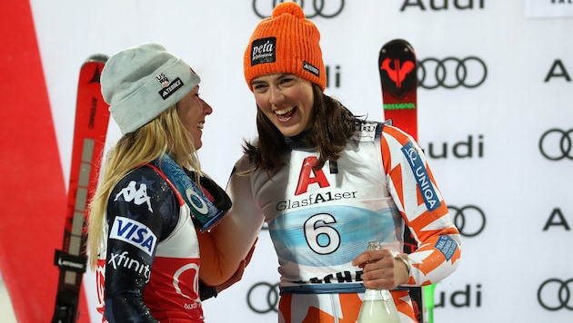 Fahren bald wieder gegeneinander: Mikaela Shiffrin und Petra Vlhova (re.).