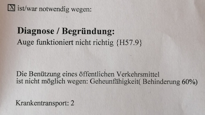 Der Transportschein der gehunfähigen Patientin.