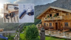 Verkohlte Bretter, ein Loch im Terrassenboden und angebranntes Holz vor der Hütte: Die ...