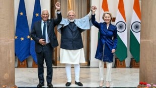 Deal in Delhi: EU-Ratspräsident António Costa, Indiens Premier Narendra Modi und ...