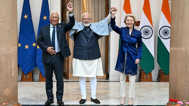 Deal in Delhi: EU-Ratspräsident António Costa, Indiens Premier Narendra Modi und ...