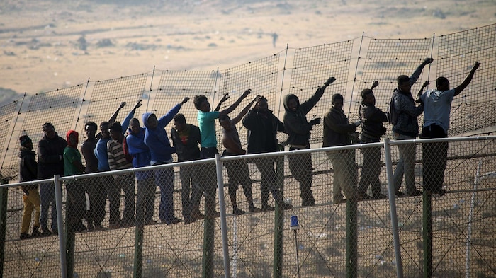 Migranten, die die Grenzzäune zur spanischen Exklave in Marokko, Melilla, überwinden wollen