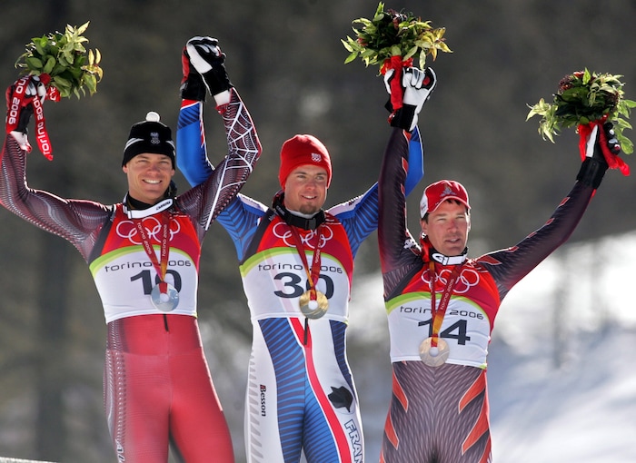 Das Podest der Abfahrt 2006: Michael Walchhofer, Antoine Deneriaz, Bruno Kernen.