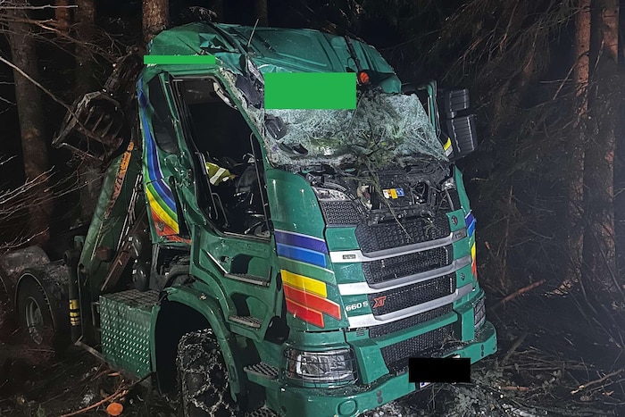 Der abgestürzte Holztransporter auf der Unfallstelle.