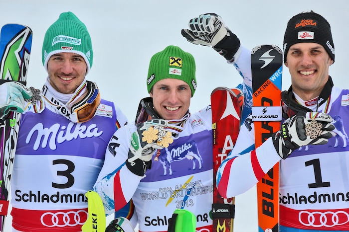 Das Siegerfoto der Weltmeisterschaft 2013 in Schladming – Felix Neureuther, Marcel Hirscher und ...