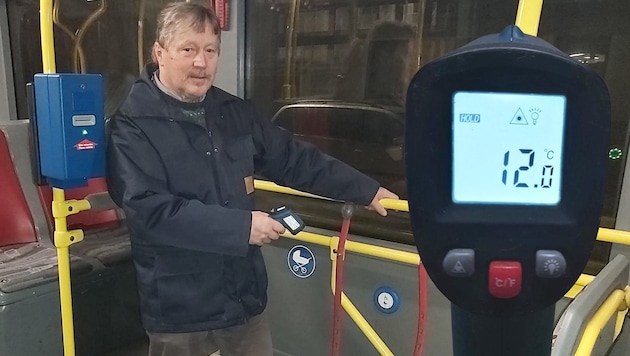 Gewerkschafter Herbert Weidenauer packte das Messgerät aus: 12 Grad im Fahrgastraum. In anderen ...