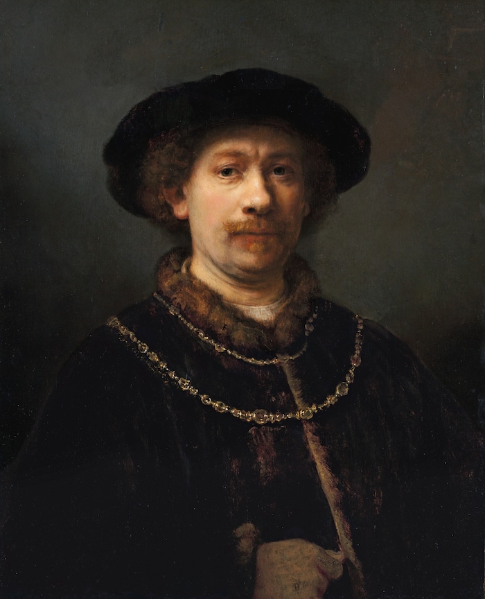 Rembrandt van Rijn: Selbstporträt mit Hut und zwei Ketten, um 1642/43, Öl auf Holz, 72 × 54,8 cm