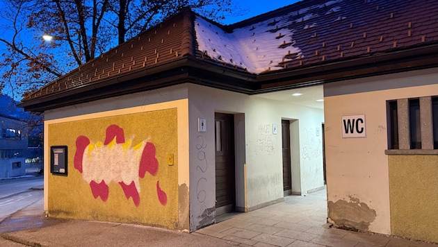 Diese öffentliche Toilettenanlage wurde beschmiert.