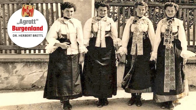 Kroatische Frauentracht in Gattendorf 1954: Anna Bartolich, Martha Kreminger, Irma Schulz, Maria ...