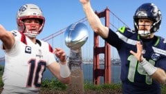 Die Seattle Seahawks (mit Quarterback Sam Darnold re.) treffen im NFL-Finale auf die New England ...