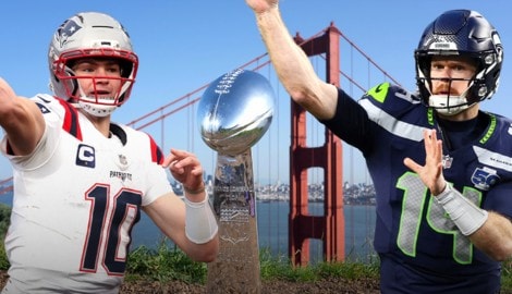 Die Seattle Seahawks (mit Quarterback Sam Darnold re.) treffen im NFL-Finale auf die New England ...