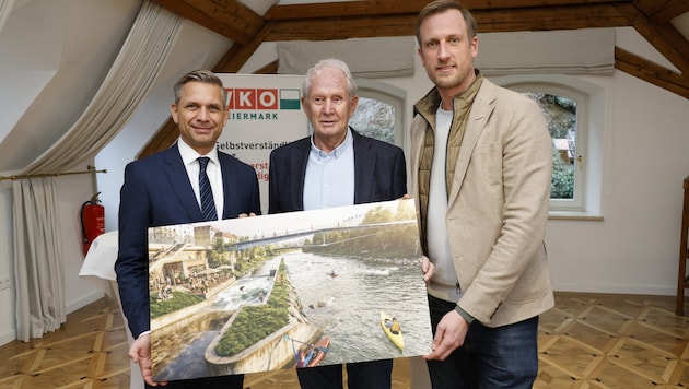 Für eine Surfwelle an der Mur: Minister Wolfgang Hattmansdorfer, Helmut Marko und Bernhard Bauer ...