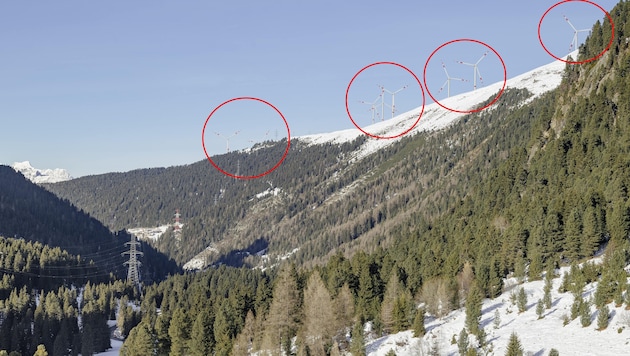 So könnte der geplante Windpark auf dem Bergrücken aussehen.