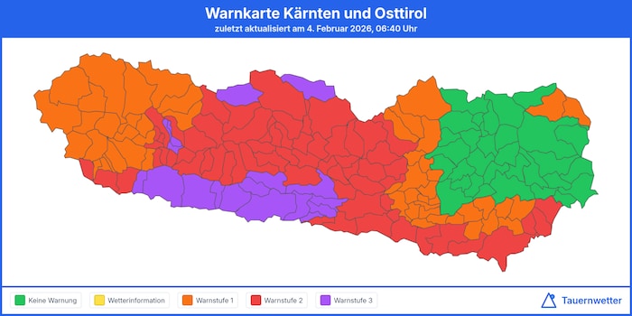 Violett eingefärbte Wetterkarte: In Teilen Oberkärntens gilt laut Tauernwetter Vorsicht.