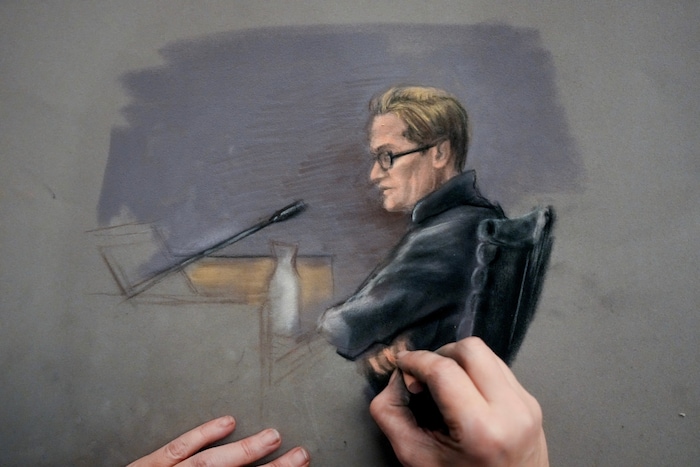 Ein Gerichtszeichner skizzierte Marius Borg Hoiby bei seiner Aussage vor Gericht in Oslo.