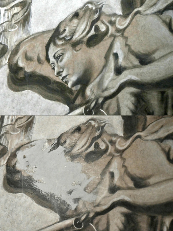 Das umstrittene Fresko nach der Restauration (oben) und nach der Übermalung (unten)