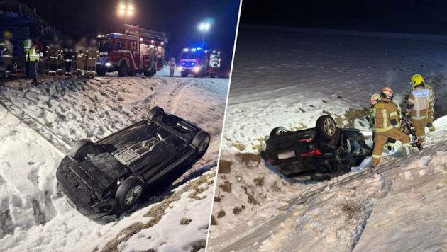 Am Dach liegend, fanden die Einsatzkräfte das Auto vor. Vom Lenker fehlte aber jede Spur.