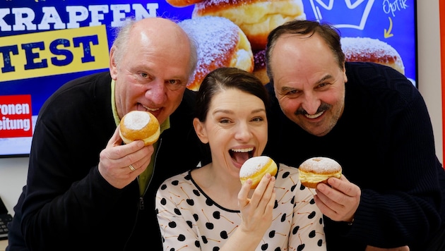 Krapfentest mit Top-Jury: Eveline Wild, Johann Lafer (re.) und Josef Zotter