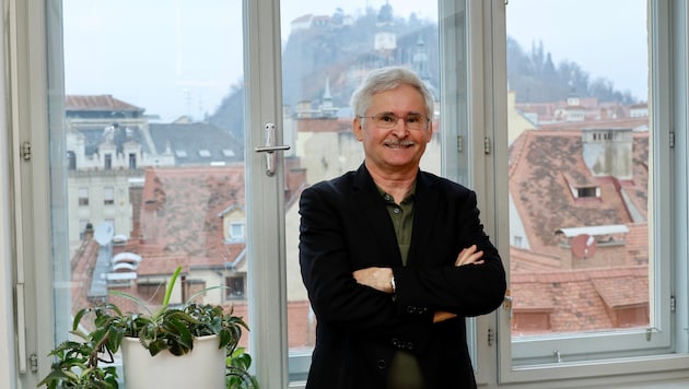 Zimmer mit (aktuell trüber) Aussicht: Werner Prutsch in seinem Büro mit Blick auf den Schloßberg