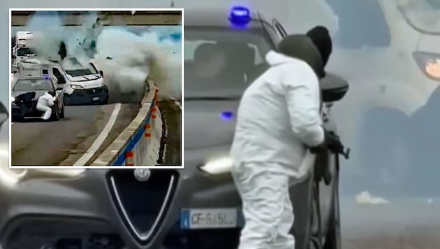 Nach einer Explosion rückten bewaffnete und vermummte Täter zum Transporter aus.