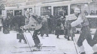 Auf Langlaufskiern durch die Grazer Innenstadt – im Jahr 1986 war das tatsächlich möglich.