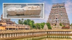 Die Säule (kleines Foto) wiegt rund 550 Kilogramm und soll aus der südindischen Region Tamil ...