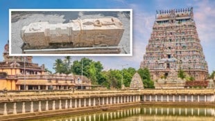 Die Säule (kleines Foto) wiegt rund 550 Kilogramm und soll aus der südindischen Region Tamil ...