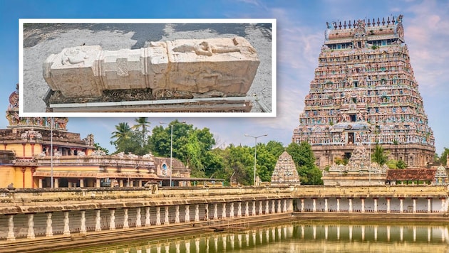Die Säule (kleines Foto) wiegt rund 550 Kilogramm und soll aus der südindischen Region Tamil ...
