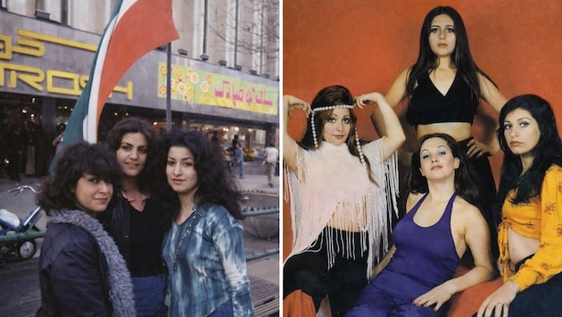 Straßenmode in Teheran (links) und eine iranische Mädchen-Popgruppe in den 1970er-Jahren
