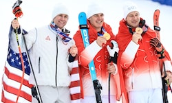 Ryan Cochran-Siegle, Franjo von Allmen und Marco Odermatt (von li. nach re.)