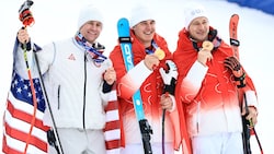 Ryan Cochran-Siegle, Franjo von Allmen und Marco Odermatt (von li. nach re.)