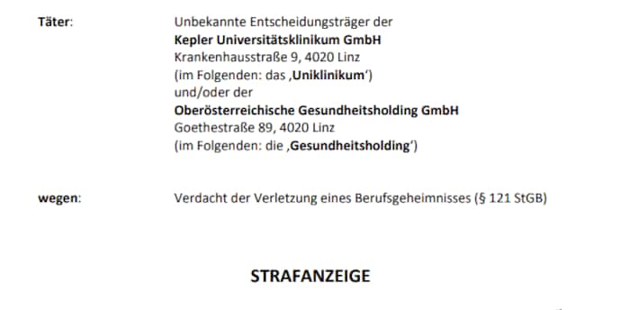 Die Strafanzeige wurde am 9. Februar bei der Staatsanwaltschaft Linz eingebracht