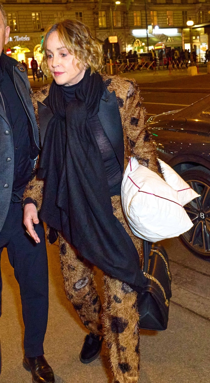 Toller Look.... und der Polster erst! Sharon Stone bei ihrer Rückkehr in Wien aus dem ...