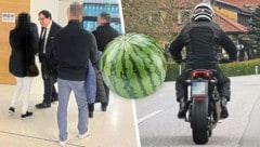 Anwalt Sascha Flatz mit seiner Mandantin und den beiden weiteren Angeklagten im kuriosen ...