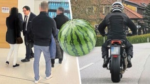 Anwalt Sascha Flatz mit seiner Mandantin und den beiden weiteren Angeklagten im kuriosen ...