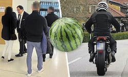 Anwalt Sascha Flatz mit seiner Mandantin und den beiden weiteren Angeklagten im kuriosen ...