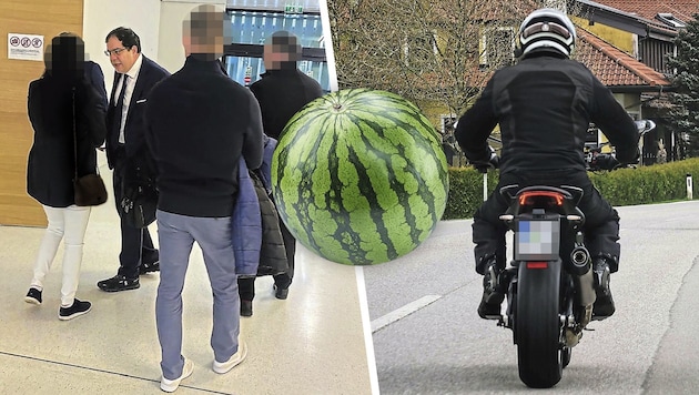 Anwalt Sascha Flatz mit seiner Mandantin und den beiden weiteren Angeklagten im kuriosen ...