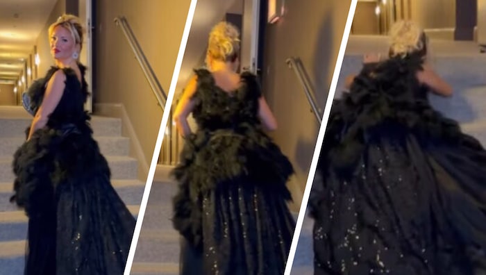 Evelyn Burdecki fell in her opera ball gown with a five-meter-long train.