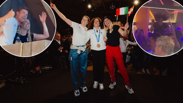 Romane Miradoli, Conny Hütter und Federica Brignone (von li. nach re.) ließen es krachen.