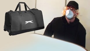 Die Polizei sucht diesen Mann, der mit dieser Tasche eine Bank ausgeraubt hat