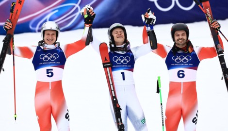 Marco Odermatt, Lucas Pinheiro Braathen und Loic Meillard (von li. nach re.)