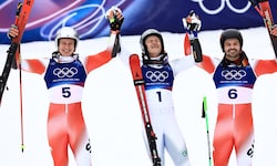 Marco Odermatt, Lucas Pinheiro Braathen und Loic Meillard (von li. nach re.)