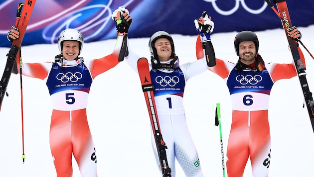 Marco Odermatt, Lucas Pinheiro Braathen und Loic Meillard (von li. nach re.)