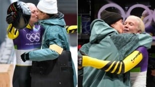 Kim Meylemans (li.) und Ehefrau Nicole Rocha busselten sich im Ziel des Eiskanals von Cortina ...